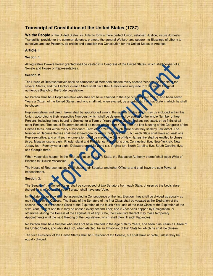 transcript of constitution of the united states 1787