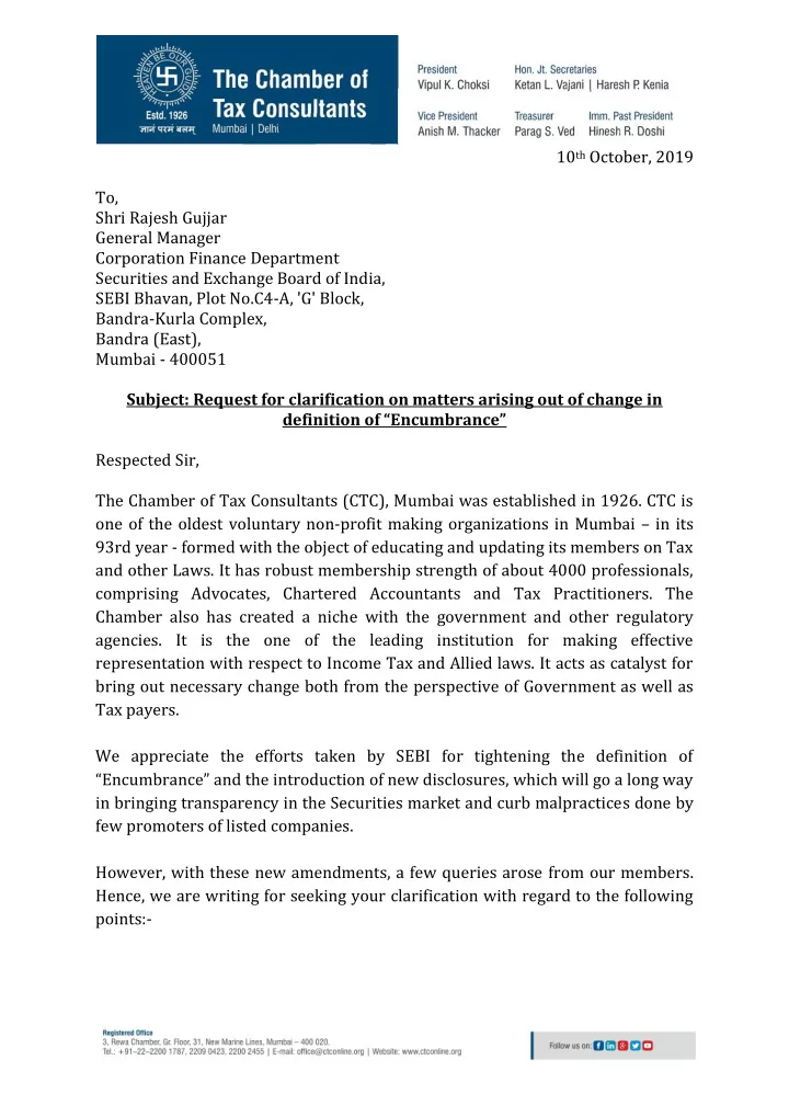 10 th october 2019 to shri rajesh gujjar general manager