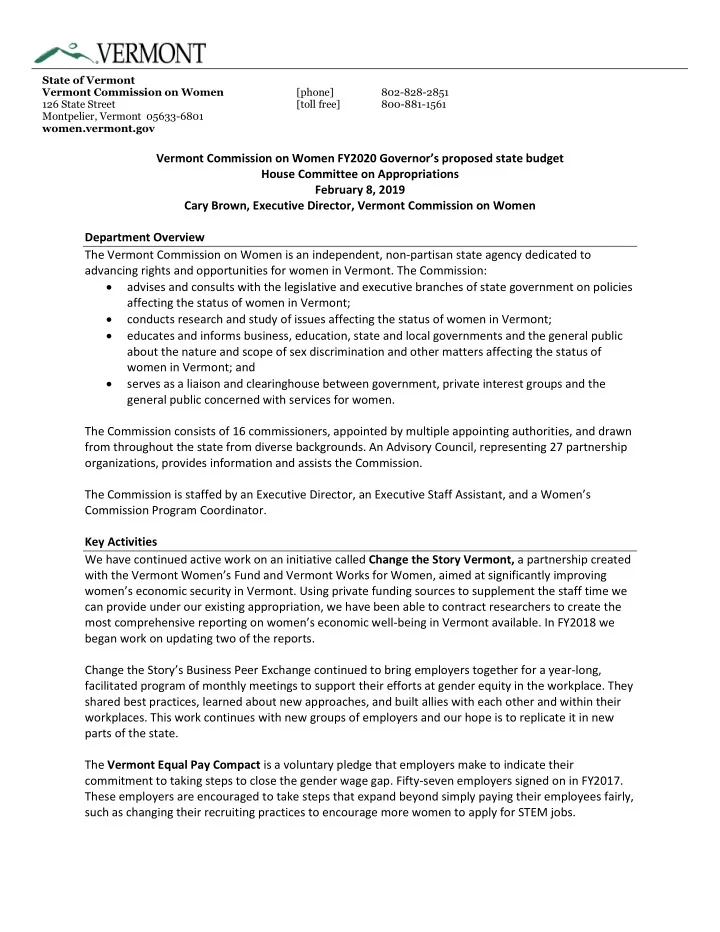 state of vermont vermont commission on women phone 802