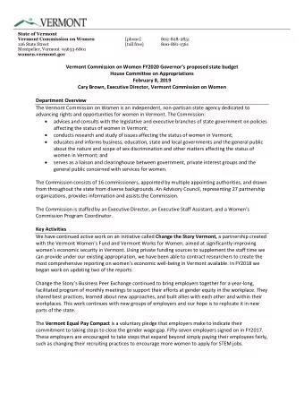 State of Vermont  Vermont Commission on Women  [phone]  802-828-2851  126 State Street  [toll free]