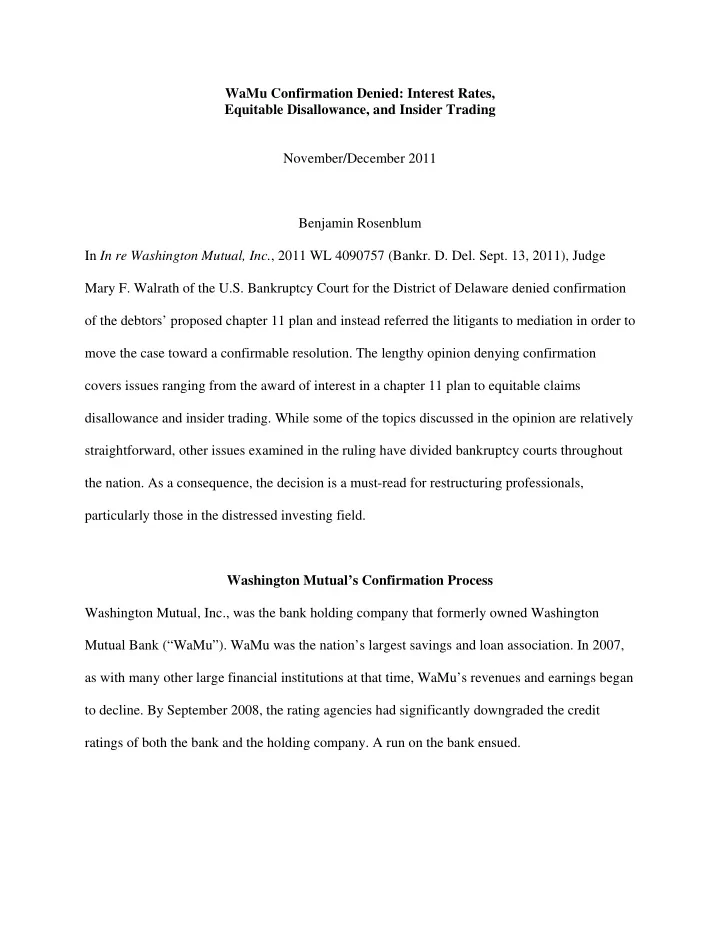 wamu confirmation denied interest rates equitable