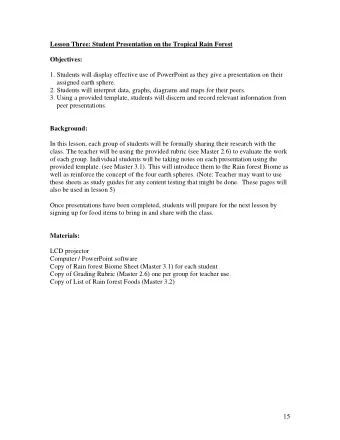 Lesson Three: Student Presentation on the Tropical Rain Forest  Objectives:  1. Students will