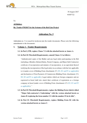 Addendum No. 5  Addendum no. 5 is issued for inclusion into the tender documents. Please note the