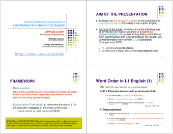Word Order in L1 English (1)  FRAMEWORK Fixed SV(O) order- Restricted use of postverbal subjects :