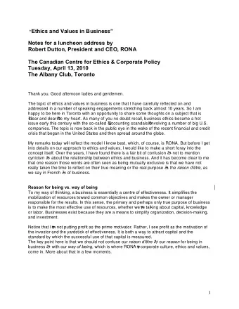 Ethics and Values in Business   Notes for a luncheon address by  Robert Dutton, President