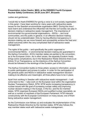 Presentation Johan Swahn, MKG, at the ENSREG Fourth European  Nuclear Safety Conference, 28-29 June