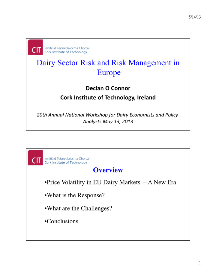 dairy sector risk and risk management in europe