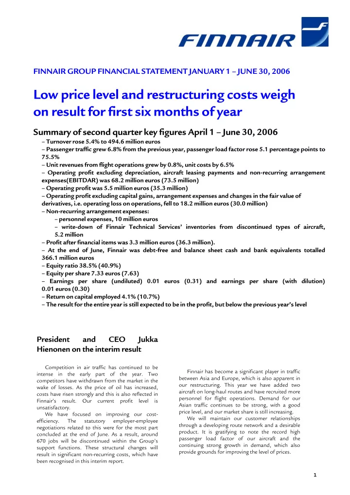 finnair group financial statement january 1 june 30 2006