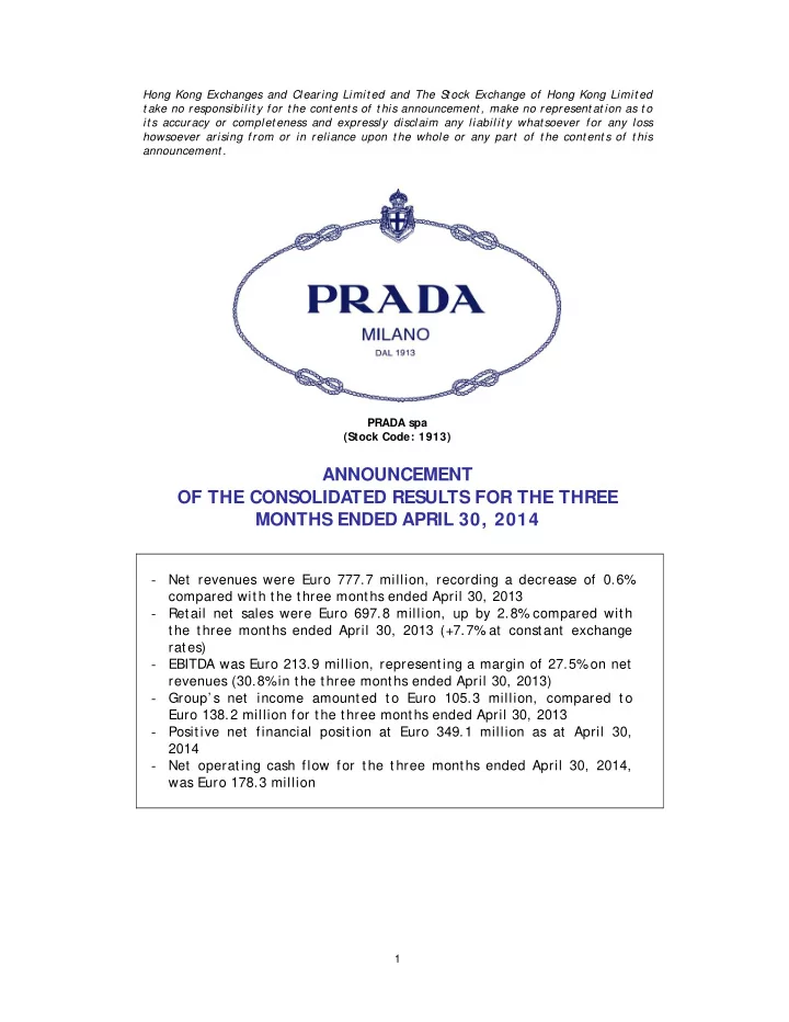 announcement of the consolidated results for the three
