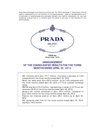 ANNOUNCEMENT  OF THE CONSOLIDATED RESULTS FOR THE THREE  MONTHS ENDED APRIL 30, 2014 - Net revenues