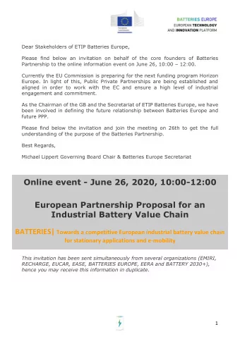 Online event - June 26, 2020, 10:00-12:00  European Partnership Proposal for an  Industrial Battery