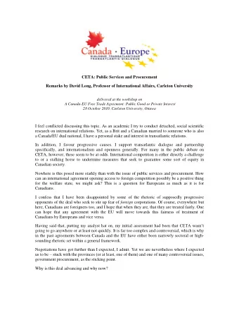 CETA: Public Services and Procurement  Remarks by David Long, Professor of International Affairs,