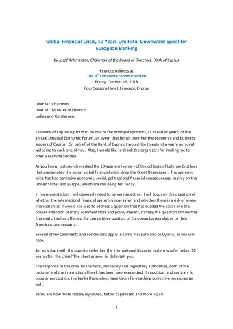 Global Financial Crisis, 10 Years On: Fatal Downward Spiral for  European Banking  by Josef