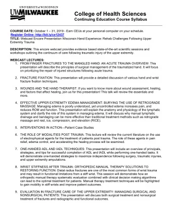 College of Health Sciences  Continuing Education Course Syllabus COURSE DATE: October 1  31,