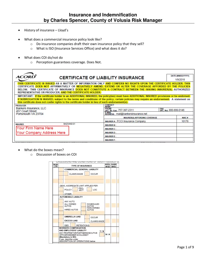 insurance and indemnification by charles spencer county