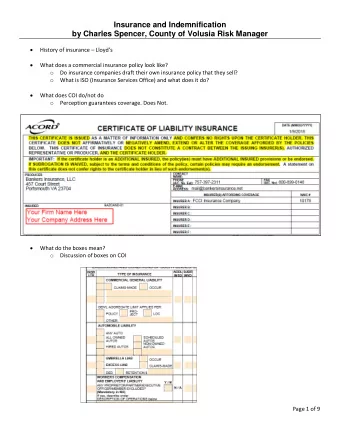 Insurance and Indemnification  by Charles Spencer, County of Volusia Risk Manager  History of
