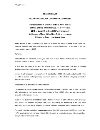 PRADA spa  PRESS RELEASE  PRADA SPA APPROVES GROUP RESULTS FOR 2015  Consolidated net revenues of