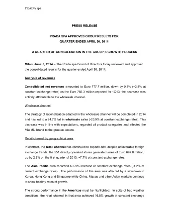 PRADA spa  PRESS RELEASE  PRADA SPA APPROVES GROUP RESULTS FOR  QUARTER ENDED APRIL 30, 2014  A