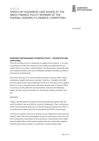 SPEECH  SPEECH BY GOVERNOR LARS ROHDE AT THE  SWISS FINANCE POLICY SEMINAR OF THE FEDERAL