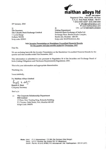 MAITHAN ALLOYS LIMITED Investor Presentation  January 2018  Safe Harbour This presentation and