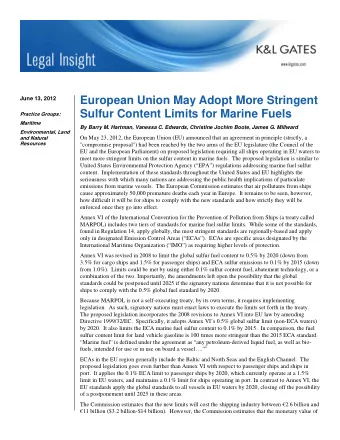 European Union May Adopt More Stringent  June 13, 2012  Sulfur Content Limits for Marine Fuels