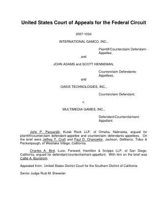 United States Court of Appeals for the Federal Circuit  2007-1034  INTERNATIONAL GAMCO, INC.,