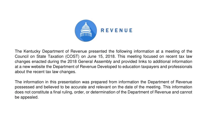 the kentucky department of revenue presented the