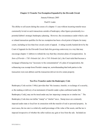 Chapter 11 Transfer Tax Exemption Expanded by the Eleventh Circuit  January/February 2005  Paul D.