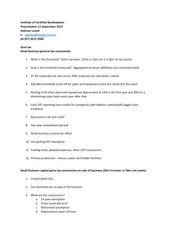 Institute of Certified Bookkeepers  Presentation 12 September 2017  Andrew Lovett e