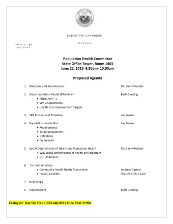 Population Health Committee  State Office Tower, Room 1403  June 22, 2015  8:30am- 10:00am