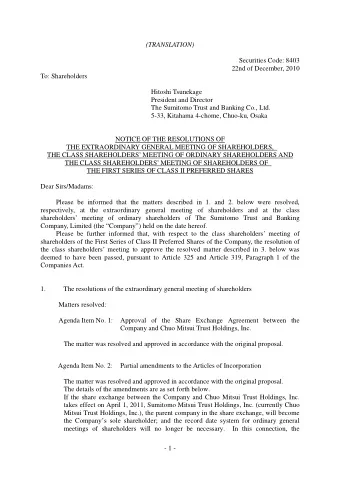 (TRANSLATION)  Securities Code: 8403  22nd of December, 2010  To: Shareholders  Hitoshi Tsunekage