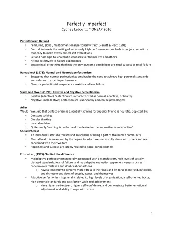 Perfectly Imperfect  Cydney Lebovitz ~ ONSAP 2016  Perfectionism Defined   enduring, global,