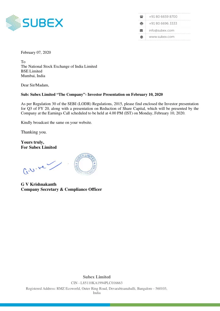 thanking you yours truly for subex limited g v