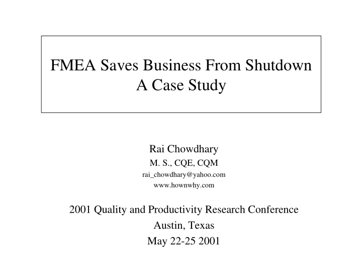 fmea saves business from shutdown a case study