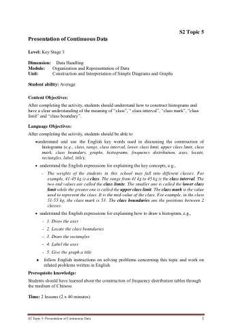 S2 Topic 5 Presentation of Continuous Data Level: Key Stage 3 Dimension: Data Handling