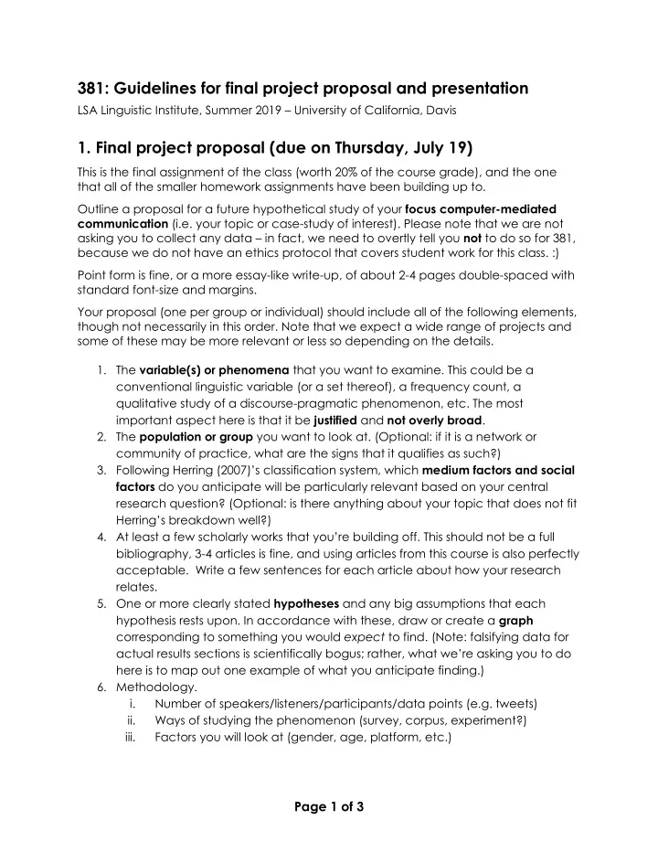 381 guidelines for final project proposal and presentation