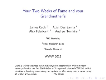 Your Two Weeks of Fame and your  Grandmothers James Cook 0 Atish Das Sarma 1 Alex Fabrikant 2