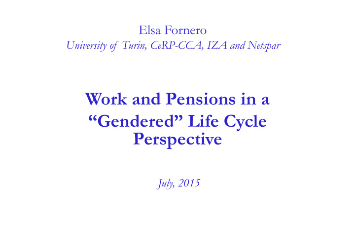 work and pensions in a gendered life cycle perspective