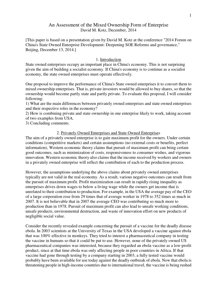 an assessment of the mixed ownership form of enterprise