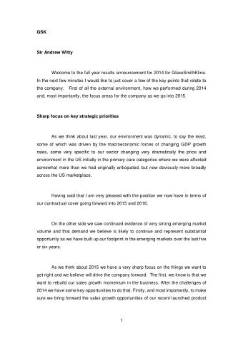 GSK  Sir Andrew Witty  Welcome to the full year results announcement for 2014 for GlaxoSmithKline.