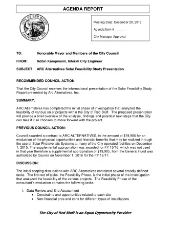 AGENDA REPORT  Meeting Date: December 20, 2016  Agenda Item # ______  City Manager Approval:  TO:
