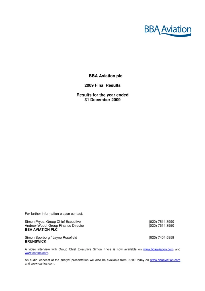 bba aviation plc 2009 final results results for the year