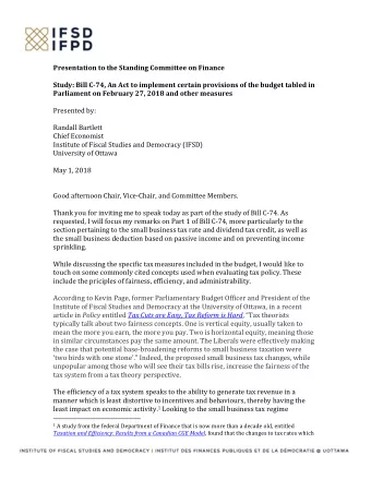 Presentation to the Standing Committee on Finance  Study: Bill C-74, An Act to implement certain