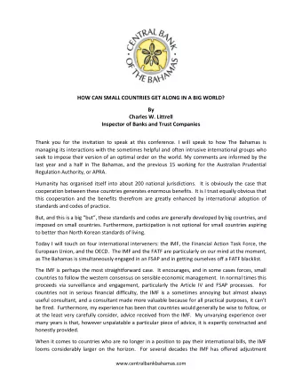 HOW CAN SMALL COUNTRIES GET ALONG IN A BIG WORLD?  By  Charles W. Littrell  Inspector of Banks and