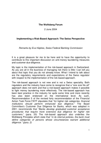 The Wolfsberg Forum  2 June 2004  Implementing a Risk-Based Approach: The Swiss Perspective