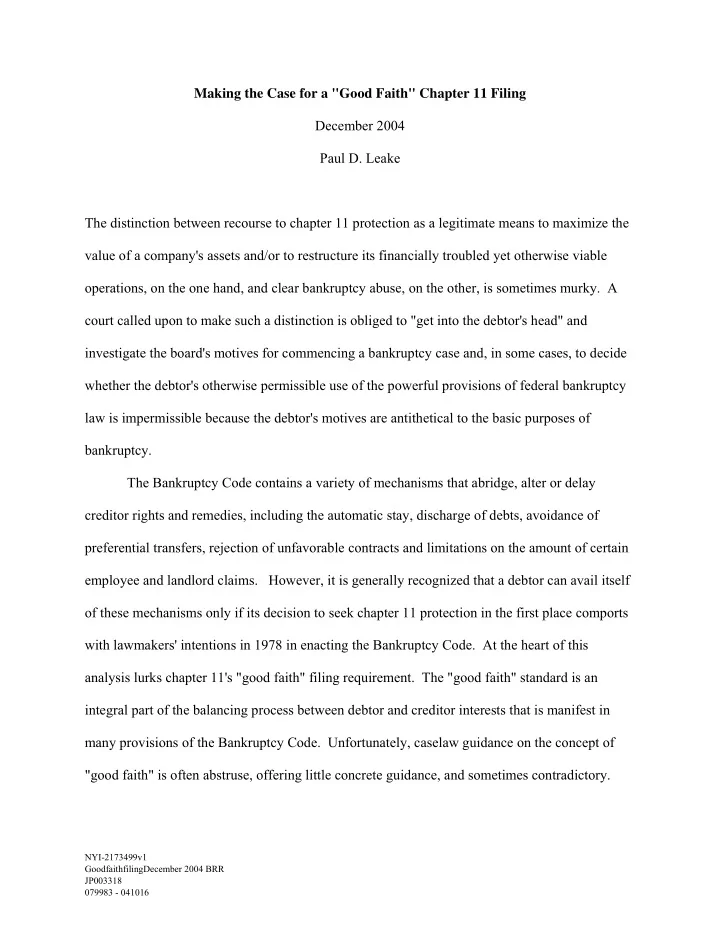 making the case for a good faith chapter 11 filing