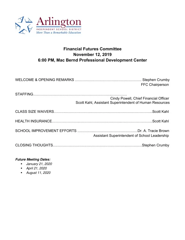 financial futures committee november 12 2019 6 00 pm mac