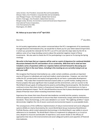 RE: follow up to your letter of 10 th April 2015 7 th July 2015,  Dear Sirs,  As civil society