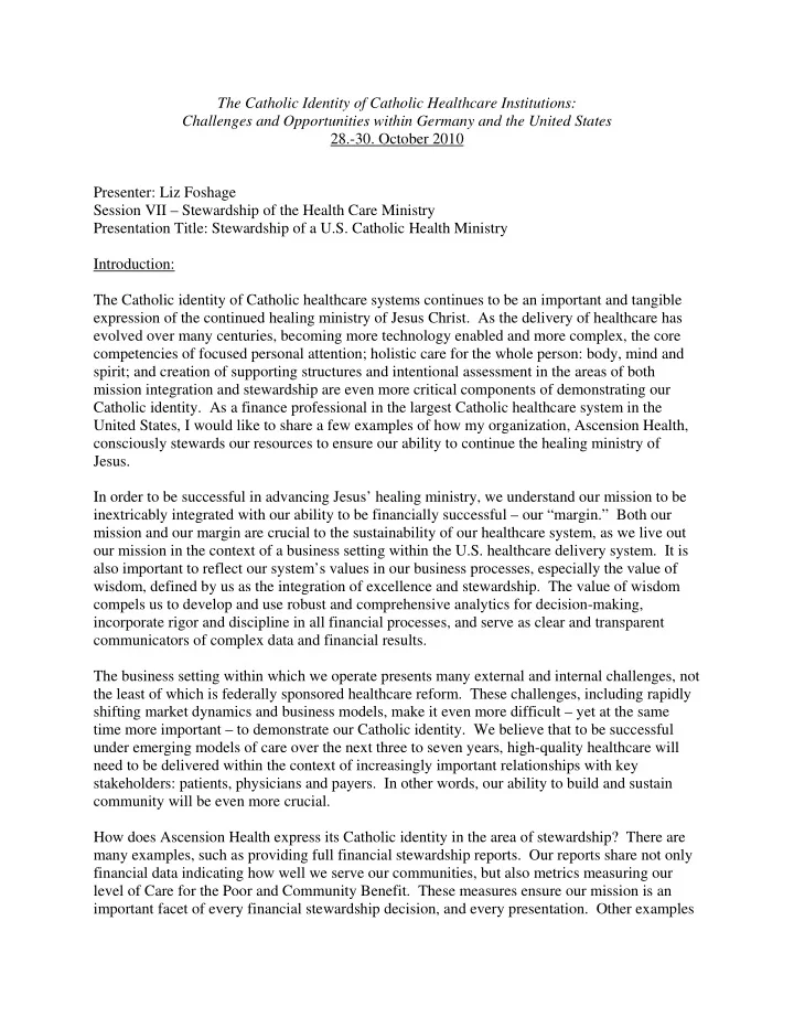 the catholic identity of catholic healthcare institutions