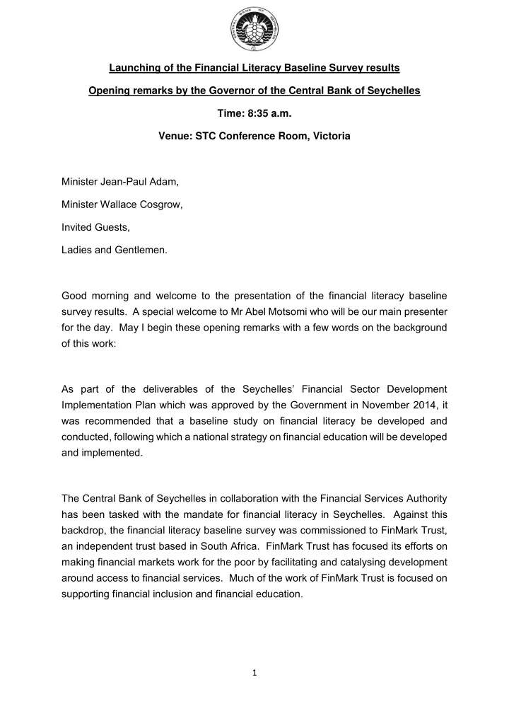 launching of the financial literacy baseline survey